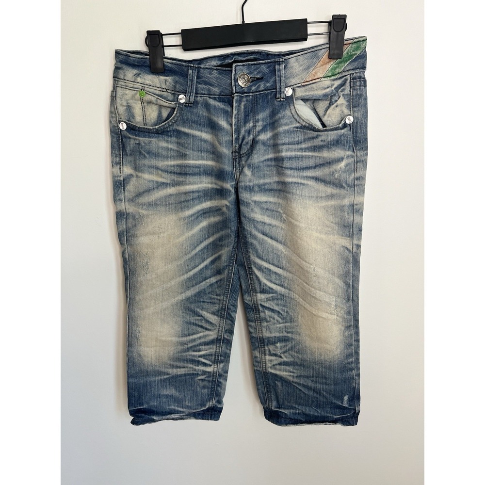 By Concert Club YZBL Mens 28 Denim Capri Orange Green Patch Distress Light Wash